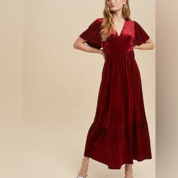 Burgundy Red Babydoll Bodice Velvet Maxi Dress - Picture 7 of 9